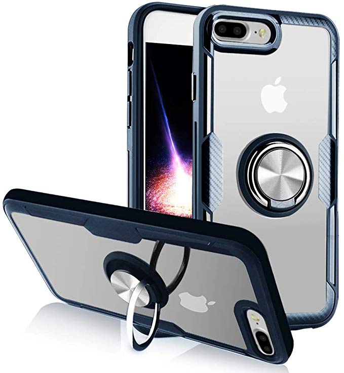 Lamzu iPhone 7 Plus Case/iPhone 8 Plus Case, Clear Hard Back Cover Slim Rubber Bumper Hybrid Case with 360° Rotation Finger Ring Grip Holder Kickstand for iPhone 7 Plus/8 Plus,Blue