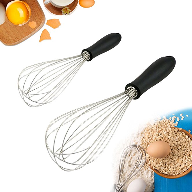 Bystep Stainless Steel Whisk, Kitchen Whisk, Heavy Duty Wire Whisk Silicone Handle Kitchen Wire Balloon Whisk Milk Egg Frother Beater Blender, Kitchen Utensils for Blending Stirring – Set of 2 10inch&12inch