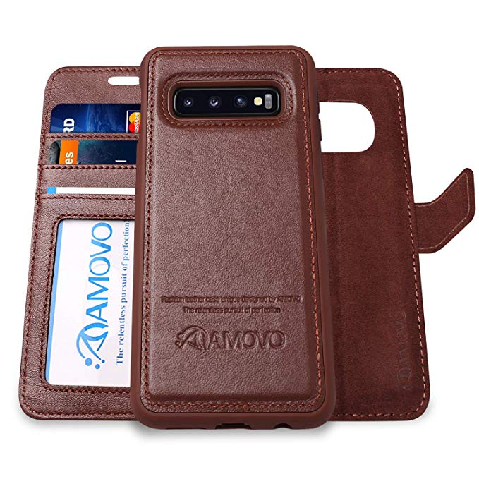 AMOVO Case for Galaxy S10 Plus [Genuine Leather] Galaxy S10 Plus Wallet Case Detachable [2 in 1 Folio] [Wristlet] [Wireless Charge] Leather Case for Samsung S10  (S10Plus, Genuine Leather Brown)