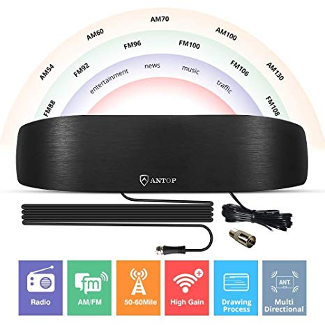 ANTOP Radio Antenna, Indoor Amplified AM FM Antenna 50 Miles Multi-Directional Reception for Stereo Radio Audio Signals, Built-in Amplifier Signal Booster and 4G LTE Filter, Streamline Super Slim desi