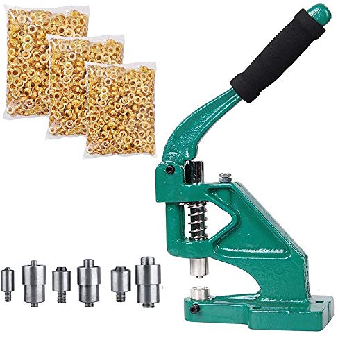 Eyelet Grommet Machine Hand Press Grommet Machine with 3 Dies (#0#2#4) and 1500 Pcs Golden Grommets Eyelet & Rolling Base Tool Kit Applicable for Curtains,Scrapbooking,Belts, Bags, Shoes and More
