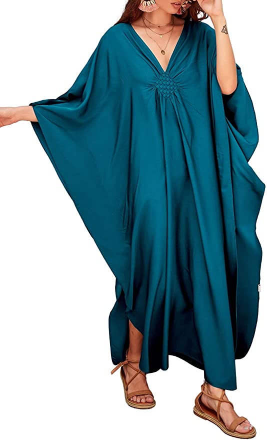 Bsubseach Women Solid Color Cover Up V Neck Batwing Sleeve Plus Size Beach Kaftan Dresses