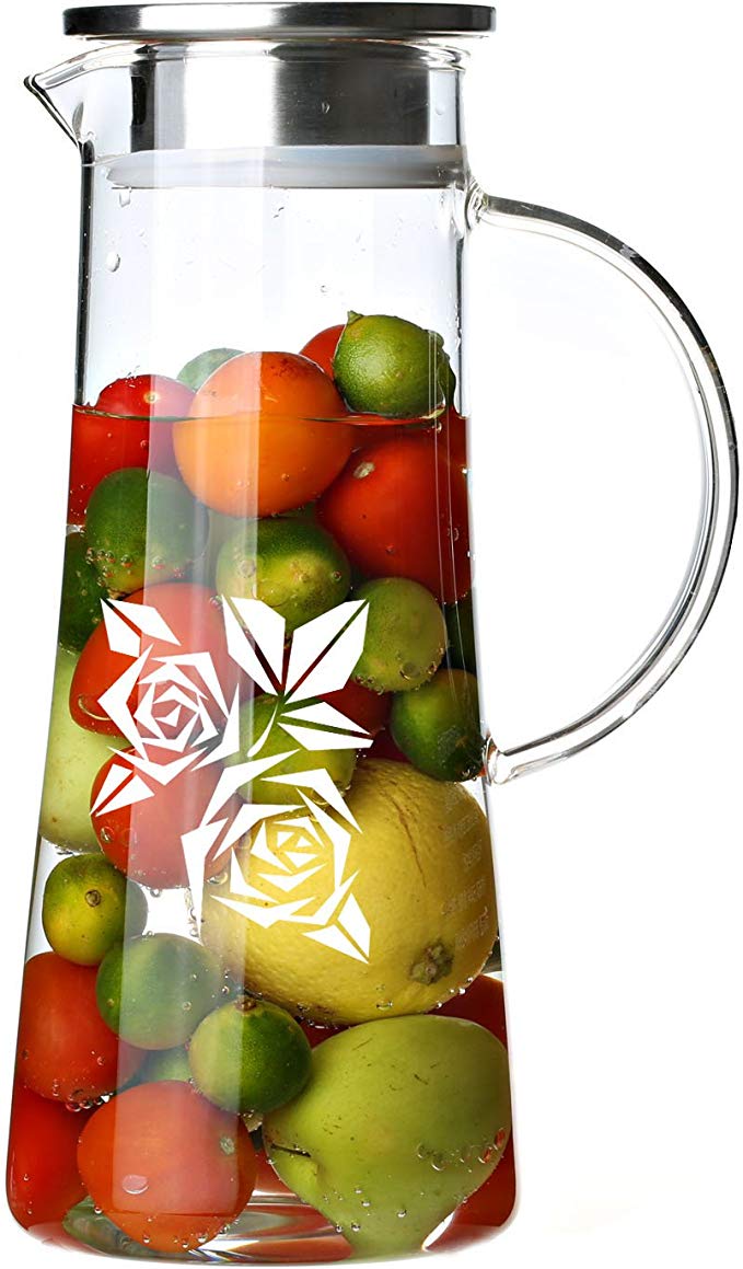 Cupwind 51 oz Borosilicate Glass Water Carafe Pitcher with Stainless Steel Infuser Lid Explosion-Proof Heat Resistance Rose Story Pattern