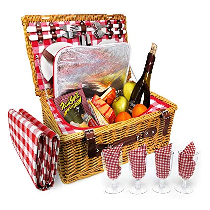 4 Person XL Picnic Basket - Insulated Wicker Hamper - Dishwasher Safe Plates, Wine Glasses, Flatware Set and Napkins (4 Person   Blanket, Red & White)