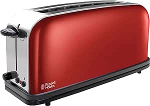 Russell Hobbs Tostapane - Design Lungo per 2 fette o 1 fetta larga di pane - 1000W Acciaio Inox Color Rosso; Scomparti extra larghi per toast; 6 livelli di doratura; Scongelamento, ColorPlus 21391-56