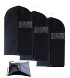 Set of 3 Breathable Garment Bags with Bonus Shoe Bag - Garment Bag has Clear Window Reinforced Opening and Zipper -- Premium Suit Bag that also Works for Dresses and Linens Storage or Travel