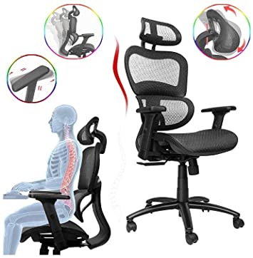 Komene Ergonomic Office Chair, Swivel Desk Chair With Breathable Mesh Back, Adjustable Headrest, Backrest and Liftable Armrest, Black Executive Chair (Black)