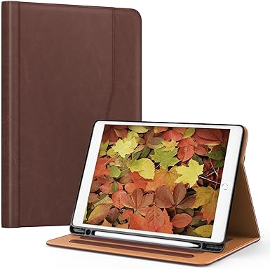 OKP Case for  iPad 9th Generation 2021 / 8th Generation 2020/ 7th Gen 2019 10.2 inch Case with Multi-Angle Viewing PU Leather Flio Stand Cover with Pencil Holder & Pocket, Auto Sleep/Wake, Darkbrown