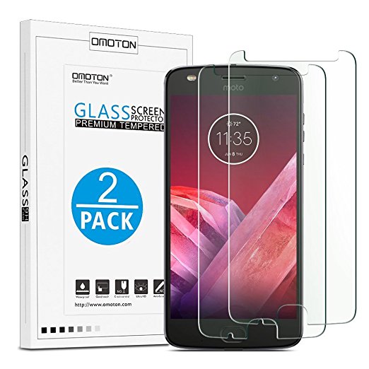 [2 Pack] OMOTON Moto Z2 Play 2017 Screen Protector, Tempered Glass with 9H Hardness, No Bubbles, Scratch Resist, HD Clear, Easy Installation