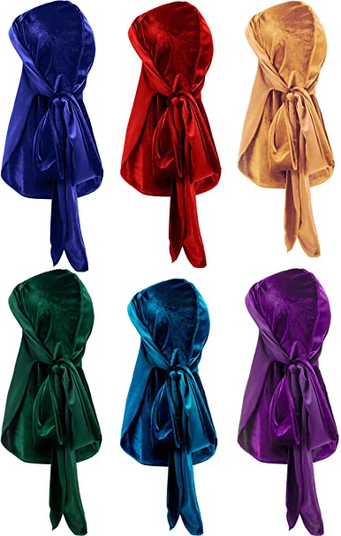 Tatuo 6 Pieces Stretchable Luxury Velvet Durag Cap Straps Headwraps With Long Tail And Wide Straps (Green, Purple, Red, Gold, Blue, Navy Blue)