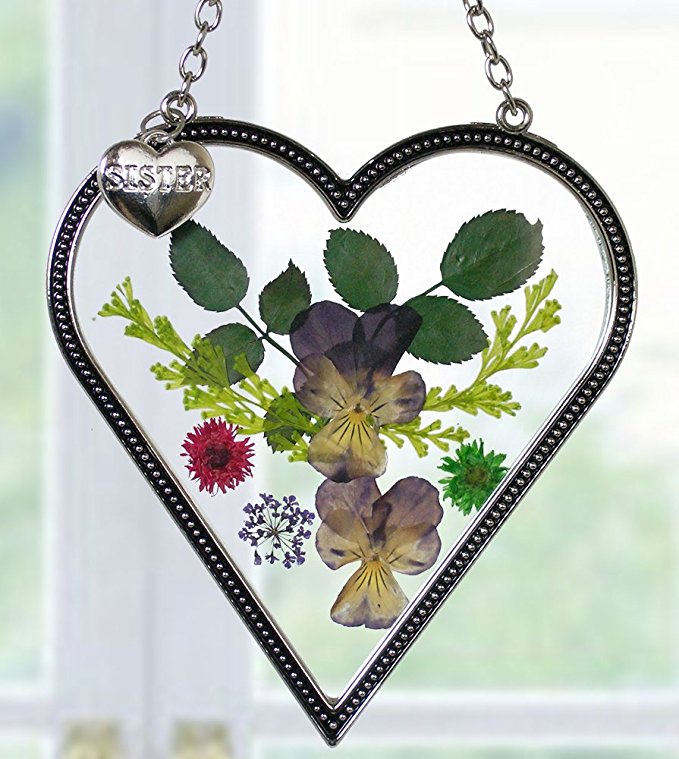 Sister Suncatcher - Glass Heart Shaped Suncatcher with Pressed Flowers and Engraved Sister Charm - 4 Inch