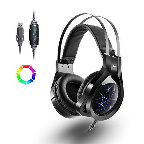 Gaming Headset, MAD GIGA PS4 Headset with 360 Degrees Stealth Mic USB 7.1 Surround Stereo Sound Over Ear Headphones, Noise Isolation, Volume Control, Breathing LED Light for PC, PS4, Laptop, Xbox Switch Mac Gamers, Black