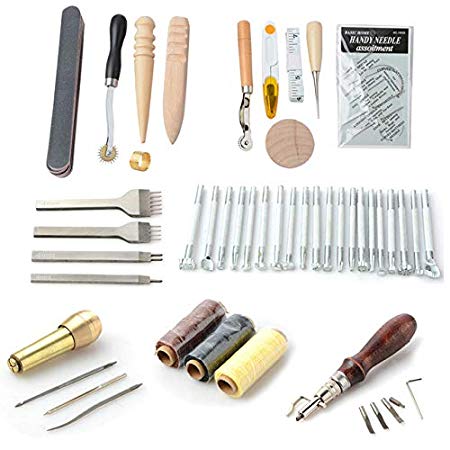Kendray Leather Craft DIY Hand Tools Kit 59 Pieces Stamping Set Saddle Making with Groover Awl Pressure Cloth Tooth Tool Waxed Thread Needles Prong Punch Scissors Wood Burnisher