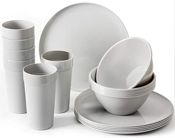 Youngever 18-Piece Plastic Kitchen Dinnerware Set, Plates, Dishes, Bowls, Cups, Service for 6 (Grey)