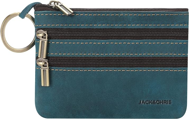 Jack&Chris Coin Purse Pouch for Men, Genuine Leather Coin Purse Zipper Pocket with Keychain Ring, Coin Bag for Men,JC301-Blue