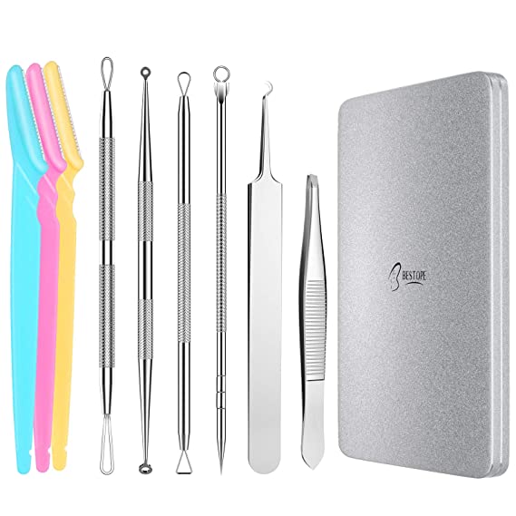 Blackhead Remover Pimple Popper Tool Kit, 9 Pcs Comedone Extractor Tool with Eyebrow Razor,BESTOPE Acne Removal Tools Treatment for Zit Removing, Blemish,Whitehead Popping