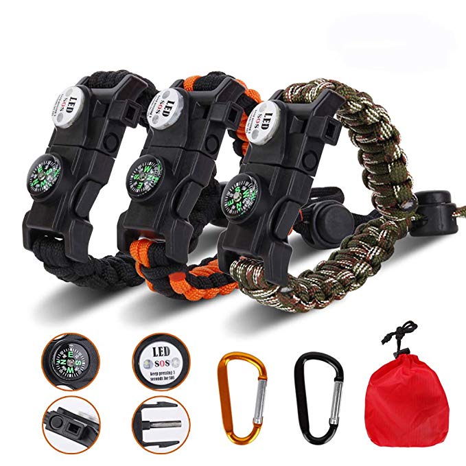 Meetrip 20 in 1 Adjustable Paracord Survival Bracelet, Tactical Survival Gear Kit with SOS LED Light, Emergency Knife, Whistle, Compass, Fire Starter for Camping, Climbing - 3 Pack