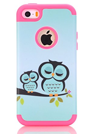 iPhone SE Case, iPhone 5S Case, iPhone 5 Case, XRPow Slim Fit Protection Case Shockproof Hard Rugged Protective Back Rubber Cover with Dual Layer Impact Protection Owl / Pink