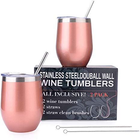 EKKONG 12 oz Stainless Steel Stemless Wine Glass Tumbler, Double Wall Vaccum Insulated Travel Tumbler with Lids, Straws and Brushes for Wine, Coffee, Champagne, Cocktails, 2 Sets (Rose Gold)