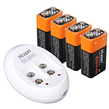 Hixon 4 Pack 9V 850mAh Rechargeable Li-ion Battery with 2-Slot 9V Battery Charger for TENS Unit Smoke Detector Multimeter