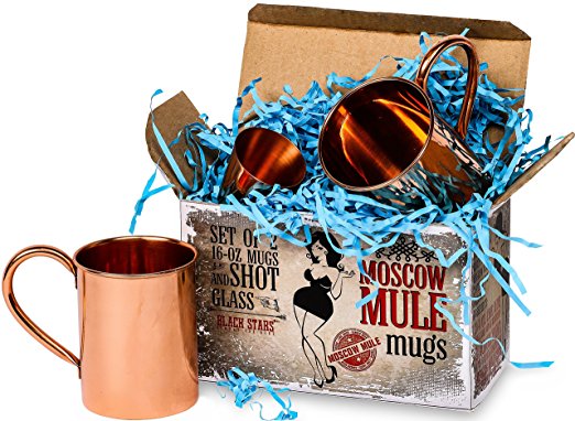 Black Stars Gift Set of 2 Classical Moscow Mule Copper Mugs with Shot Glass, 100 % Pure Copper Moscow Mule Cups