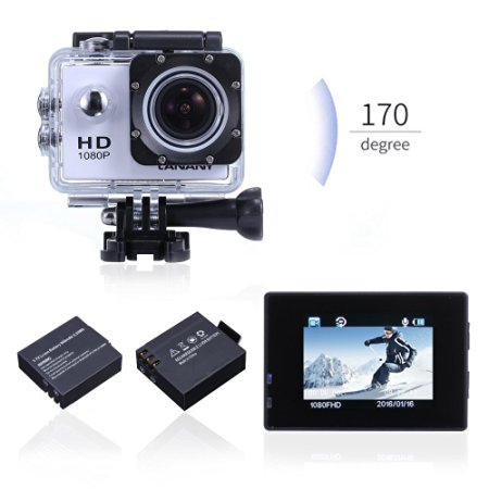 Waterproof Sports Action Camera, Canany Underwater video Camera Full HD 1080P 12MP With Free Accessories Kit and 2 Batteries (White)