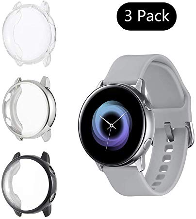 olyee 3 Pack Screen Protector Case Compatible with Samsung Galaxy Watch Active 40mm, Full Coverage Soft TPU Case Protective Screen Cover Bumper Shell(Transparent   Black   Silver)