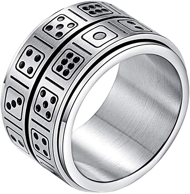 INRENG Men's Stainless Steel 14mm Wide Spinner Ring Band Creative Dice Pattern Design Double Layers