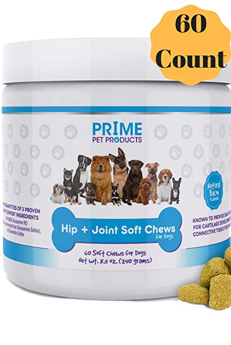 Glucosamine Chondroitin for Dogs - Advanced Hip and Joint Supplement (60 Count) Dog Soft Chews - MSM and Organic Turmeric - Supports Healthy Joints and Arthritis - Made in USA - Bacon Flavor Vitamins