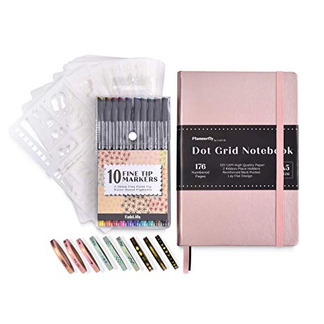 Journal Set - A5 Dotted Bullet Planner Notebook with Numbered Pages, Thick White Paper 120gsm   10 Fineliners   20 Stencils   9 Washi Tapes
