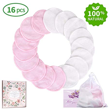 Reusable Cotton Pads 16 Packs, Make up Remover Pad Washable Bamboo for Eyes Face Lips with Laundry Bag (Pink and white)