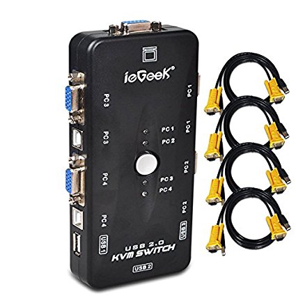 ieGeek® 4 Port USB KVM Switch Box   4 VGA USB Cables for PC Monitor/Keyboard/Mouse Control