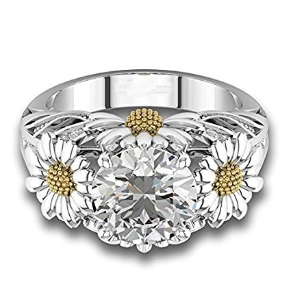 Two Tone Round Cut White Sapphire Daisy Promise Ring 925 Silver Women Jewelry#by pimchanok shop (7, White)