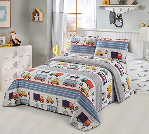Better Home Style Blue Cars Trucks Buses Taxis Vehicles City Streets Themed Kids/Boys/Toddler 2 Piece Coverlet Bedspread Quilt Set with Pillowcase # Transportation (Twin)