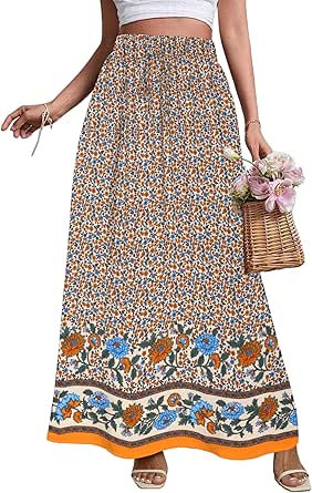 Zeagoo Women's 2024 Boho Floral Skirt Casual Elastic High Waist Maxi Skirts Flowy A Line Beach Long Skirt with Side Pockets