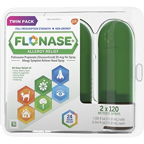 Flonase Fluticasone Propionate Twin Pack Nasal Spray for Allergy Relief, 2 Pack of 120 Count (240 Count Total)