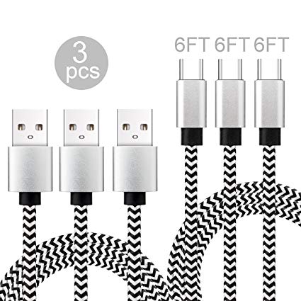 USB Type C Cable, Aiibe 6FT 3 Pack Nylon Braided USB C Cable(USB 2.0),UP 2.4A Fast Speed Charger Cord for Samsung Galaxy Note 8,S8 Plus,LG G6/G5/V20,Google Pixel,Nintendo Switch,GoPro 5 (Silver/Black)