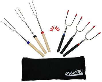 Combo set Stainless Steel Marshmallow Roasting Sticks 3 Telescoping Smores Skewers 32 Inch & 3 Hot Dog Forks 34 Inch Patio Fire Pit Camping Campfire Cooking Fireplace Accessories FDA Approved