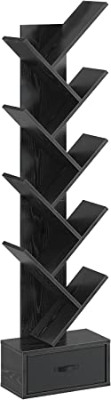 Rolanstar Tree Bookshelf with Drawer, 8 Shelf Bookcase, Retro Wood Storage Rack for CDs/Movies/Books, Utility Organizer Shelves for Living Room, Bedroom, Home Office Black