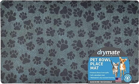 Drymate Pet Bowl Placemat, Dog & Cat Food Feeding Mat - Absorbent Fabric, Waterproof Backing, Slip-Resistant - Machine Washable/Durable (USA Made) (12” x 20”) (Paw Dots Black)