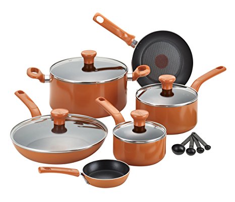 T-fal C971SE Excite Nonstick Thermo-Spot Dishwasher Safe Oven Safe PFOA Free Cookware Set, 14-Piece, Orange