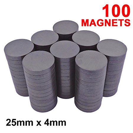 Skilled Crafter Strong Craft Magnets 1 inch. 25mm/4mm Ferrite Disc Magnet. 100 Pieces for Best Value. Ceramic Grade 5 Strength. Ideal for Fridge, Whiteboard, Industrial, Scientific & Home