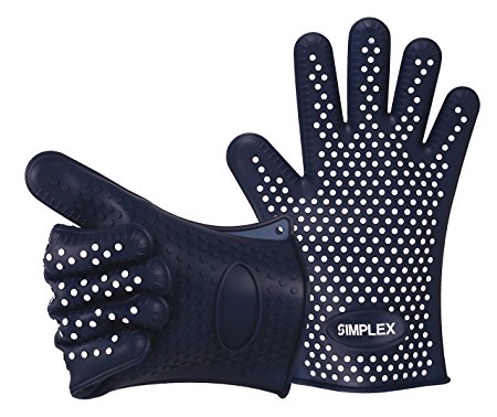 Simplex Silicone Heat Resistant Grilling BBQ Gloves Set for Men and Women - Flexible Waterproof BBQ, Cooking, Baking, Grilling, Oven Protection Gloves Mitts - 1 Pair (BONUS FREE Silicone Trivet)! (Navy Blue)