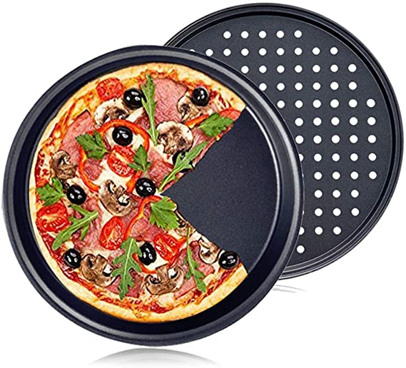 Eyerayo Pizza Pan 12" Pizza Baking Plates Non-Stick Bakeware Pie Pan Crisper Tray with hole Round Professional Carbon Steel for Oven 2 Set (one hole one without hole)