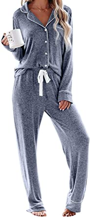 Sidefeel Women Long Sleeve Button Down Shirt with Pants Casual Pajama Sets