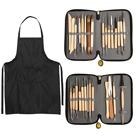 Blisstime Set of 30 Clay Sculpting Tool Wooden Handle Pottery Carving Tool Kit Carrying Case Apron