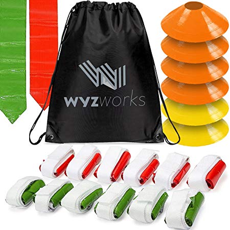 WYZworks 12 Player 3 Flag Football Kit Set - 12 Belts with 36 Flags   Bonus 6 Cones   Travel Bag