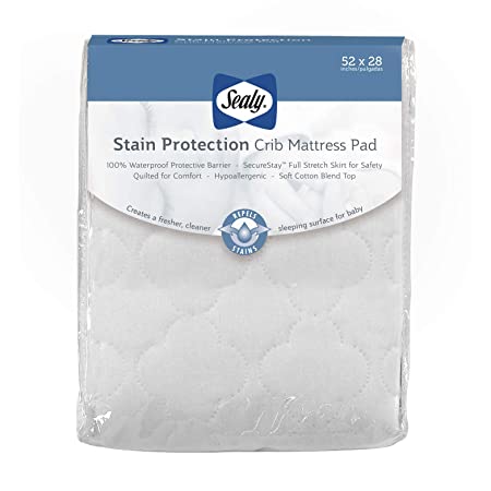 Sealy Stain Protection Waterproof Fitted Toddler & Baby Crib Mattress Pad Cover/Protector, White, 52” x 28”