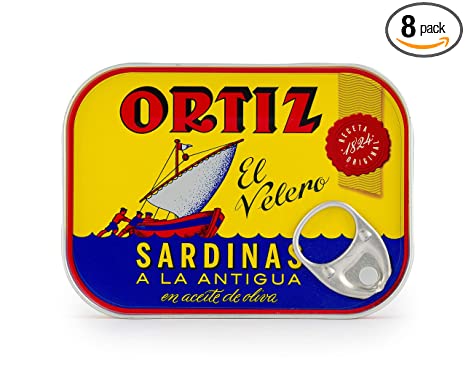 Ortiz Sardines In Olive Oil | 8 Pack | Sardinas A La Antigua | El Velero | Imported from Spain | Wild Caught and Hand Selected | Premium All Natural | Gourmet Fish in 4.9 oz Can (140 Gram)