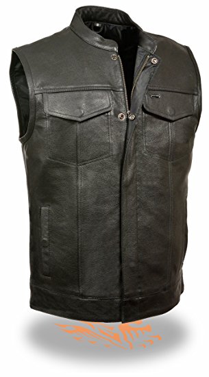 SOA Men's Basic Cowhide Leather Motorcycle Vest w/ 2 Inside Gun Pockets Collared & No Collar versions (2X, With Collar)